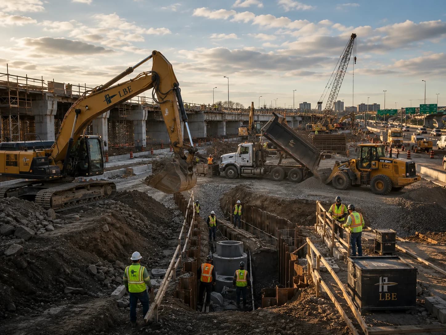 LBE Contracting crew and heavy equipment installing underground utility infrastructure beneath a highway overpass.