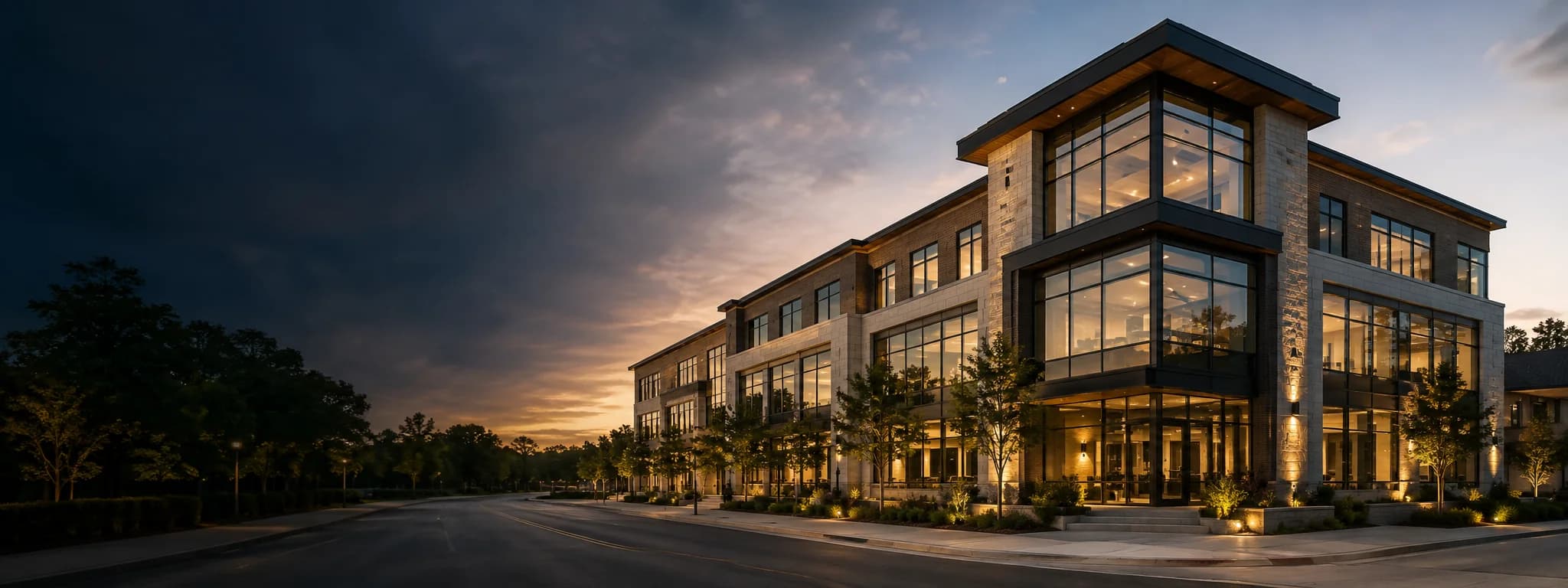 A completed commercial building at dusk with its ground-floor windows lit from within.
