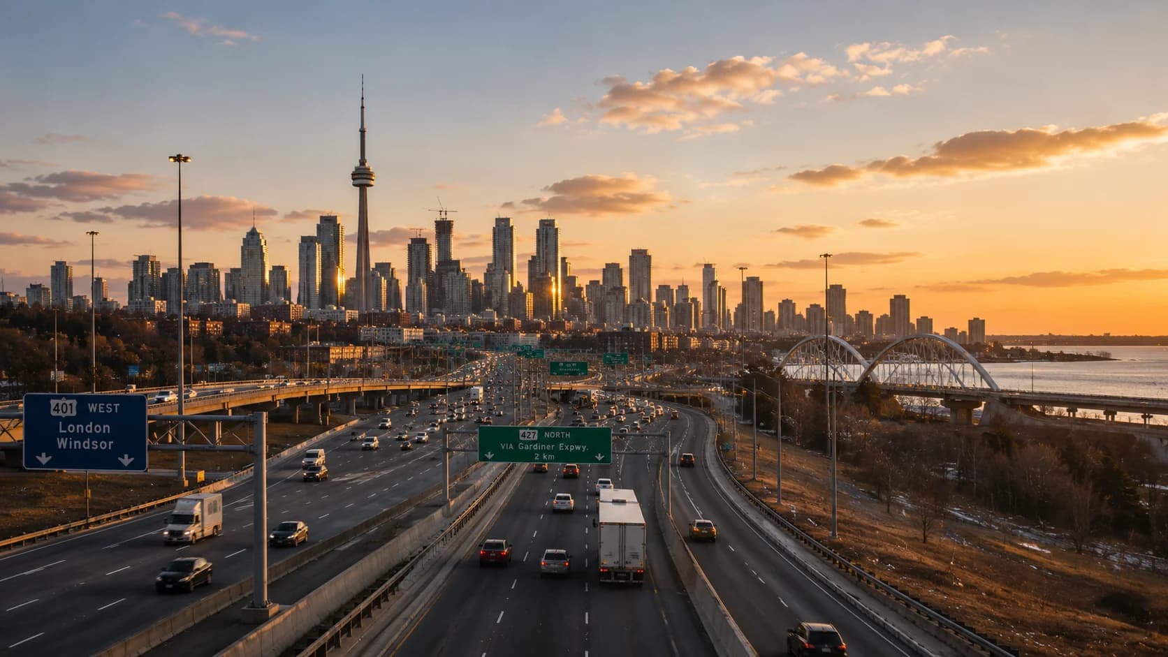 A Toronto-area highway at sunset with the downtown skyline in the background.