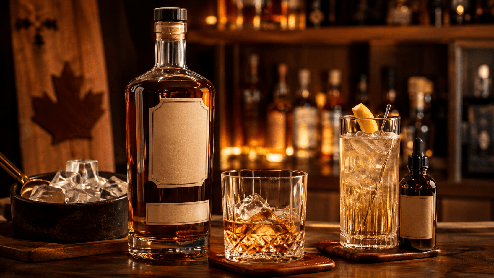 Canadian whisky bottle with a rocks glass and highball on a warm home bar counter
