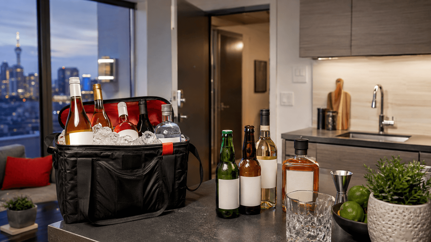 Delivery tote filled with beer, wine and spirits on a Toronto condo counter