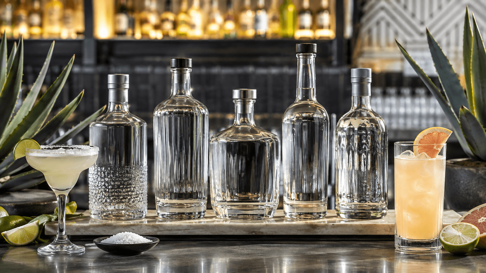 Five unlabeled blanco tequila bottles with margarita and paloma cocktails on a bar