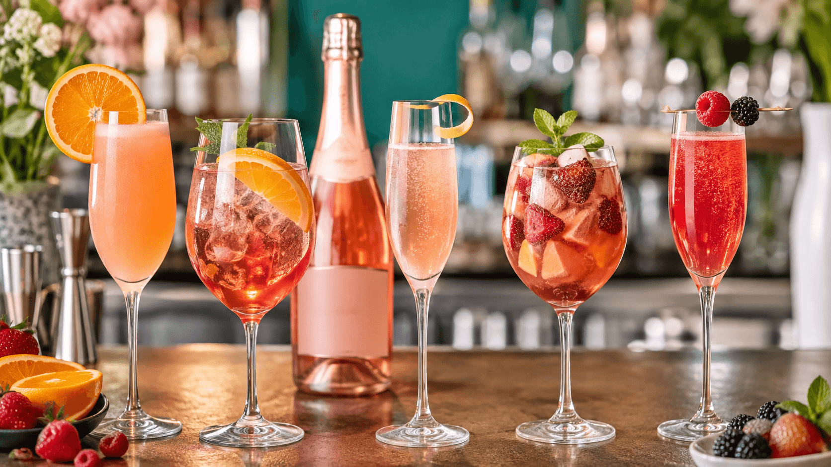 Five sparkling rose cocktails with fruit garnishes and a sparkling bottle on a bar counter