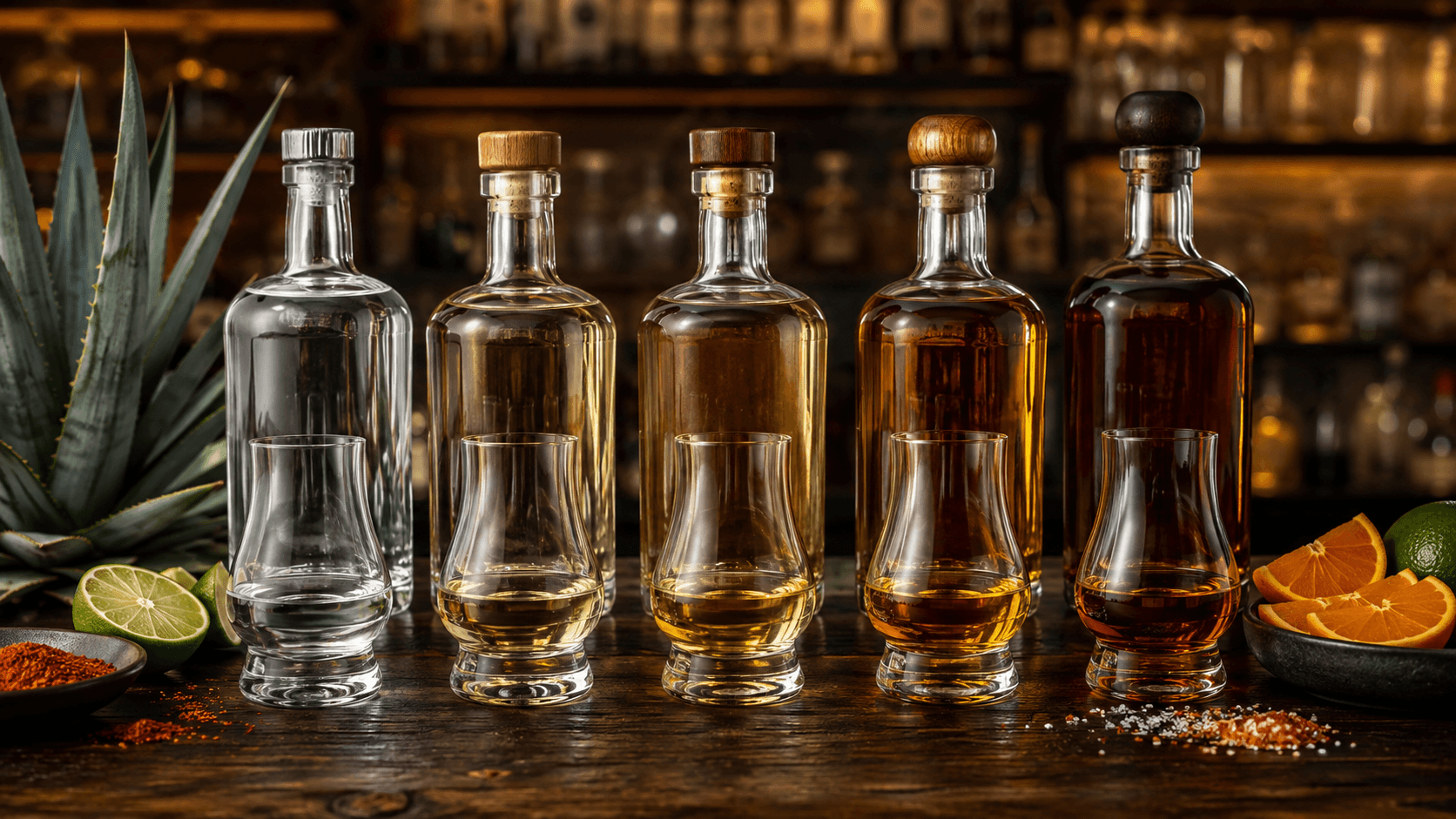 Five tequila bottles and tasting glasses showing clear to amber styles with agave and citrus