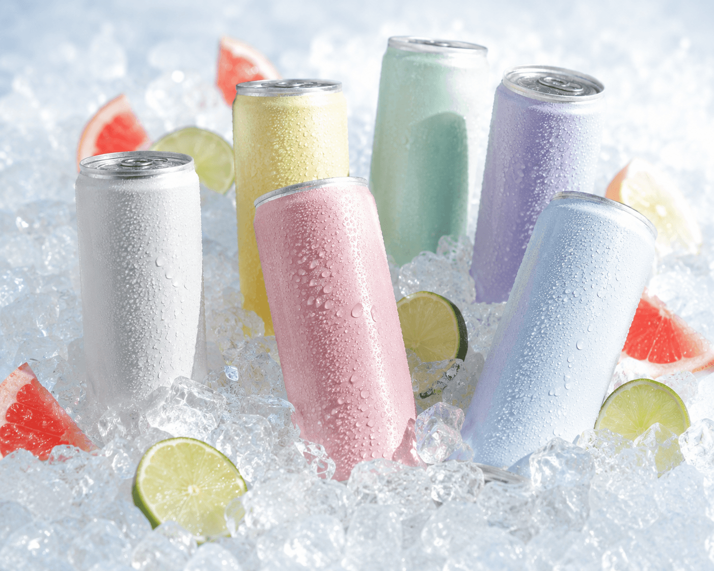 Slim cans of hard seltzer in crushed ice with fresh lime and grapefruit wedges