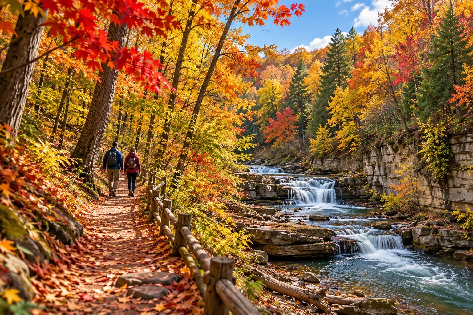 Original illustration of an autumn woodland path and creek ravine with two adult walkers