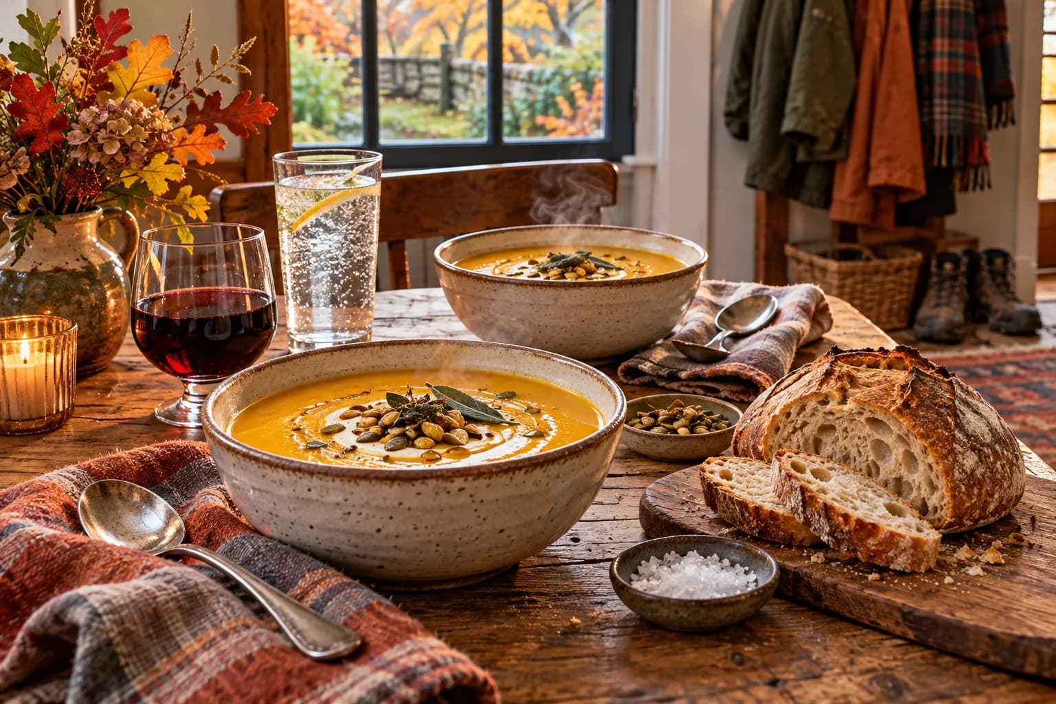 Illustration of squash soup and bread at home with wine and sparkling water after an autumn walk