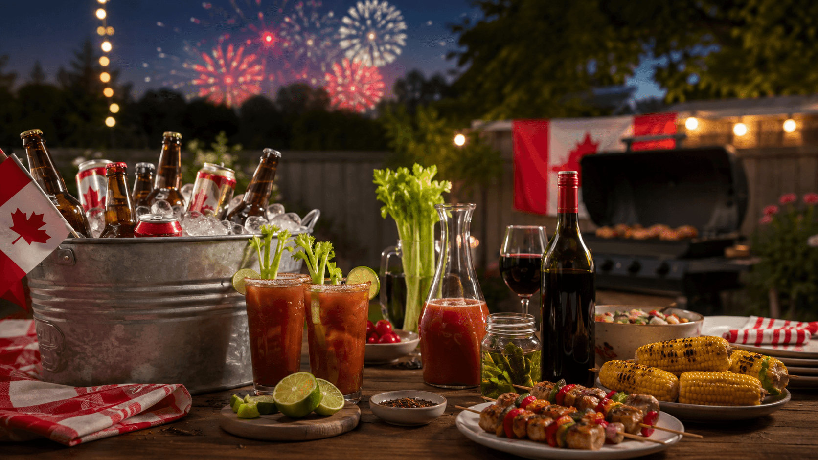 Canada Day backyard barbecue table with beer cooler, Caesars, wine and fireworks