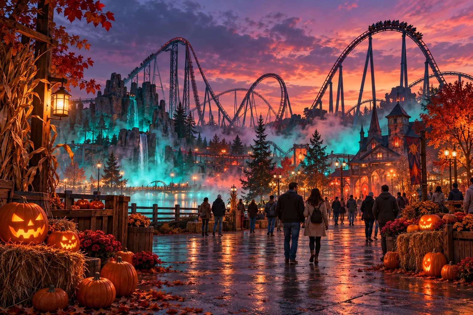 Interpretive illustration of an autumn amusement park at twilight with coaster tracks and theatrical fog