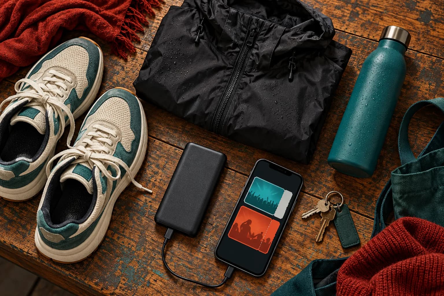 Illustrated night-out essentials with a jacket, shoes, phone, charger, water bottle and keys