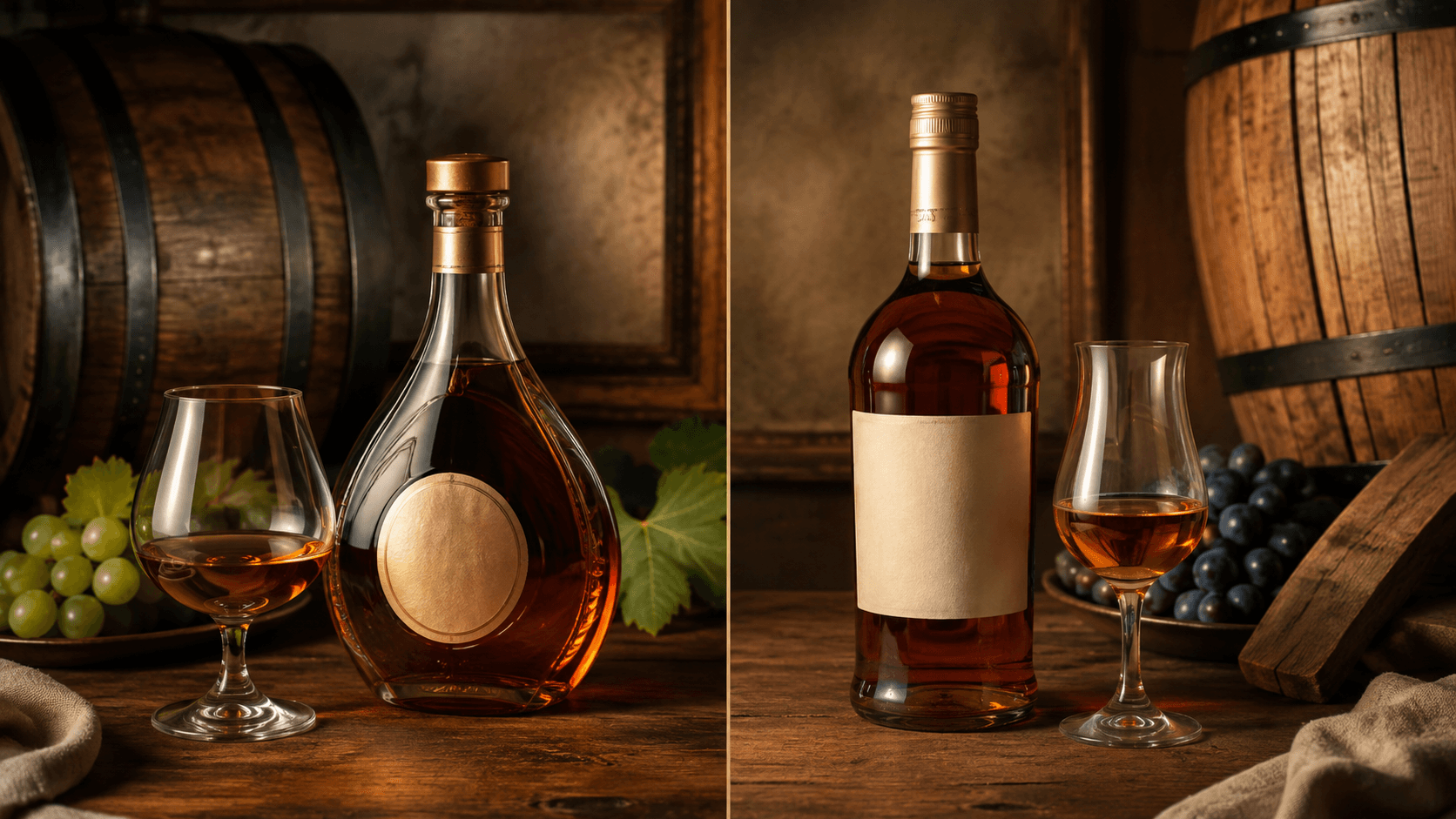 Cognac and brandy bottles shown side by side with snifter glasses and grapes