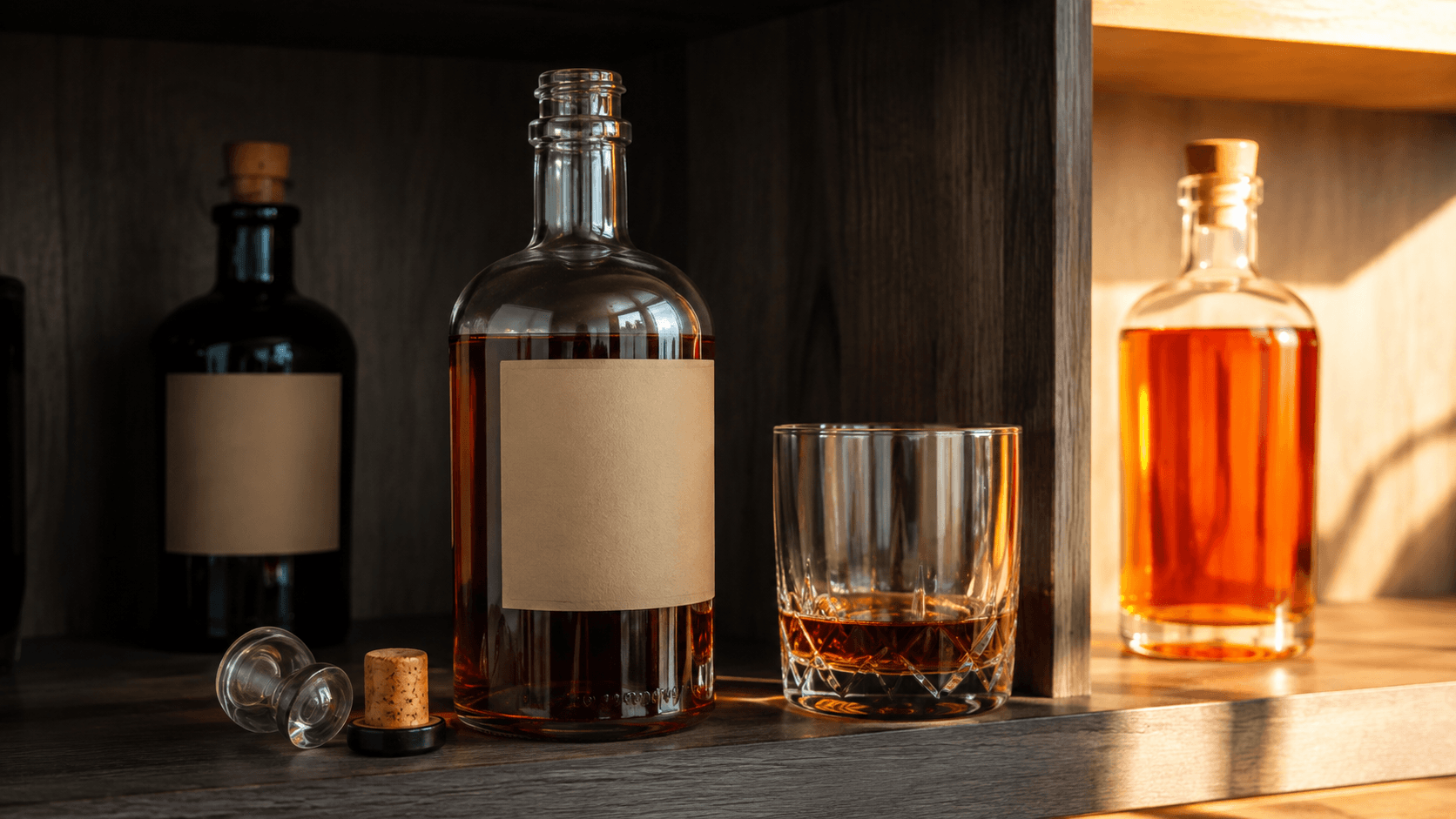 Opened rum bottle stored on a home bar shelf with warm sunlight on one side