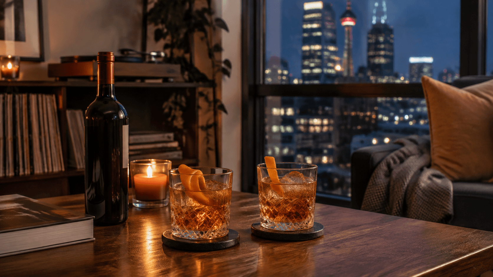 Two cocktails and a wine bottle on a Toronto apartment coffee table at night