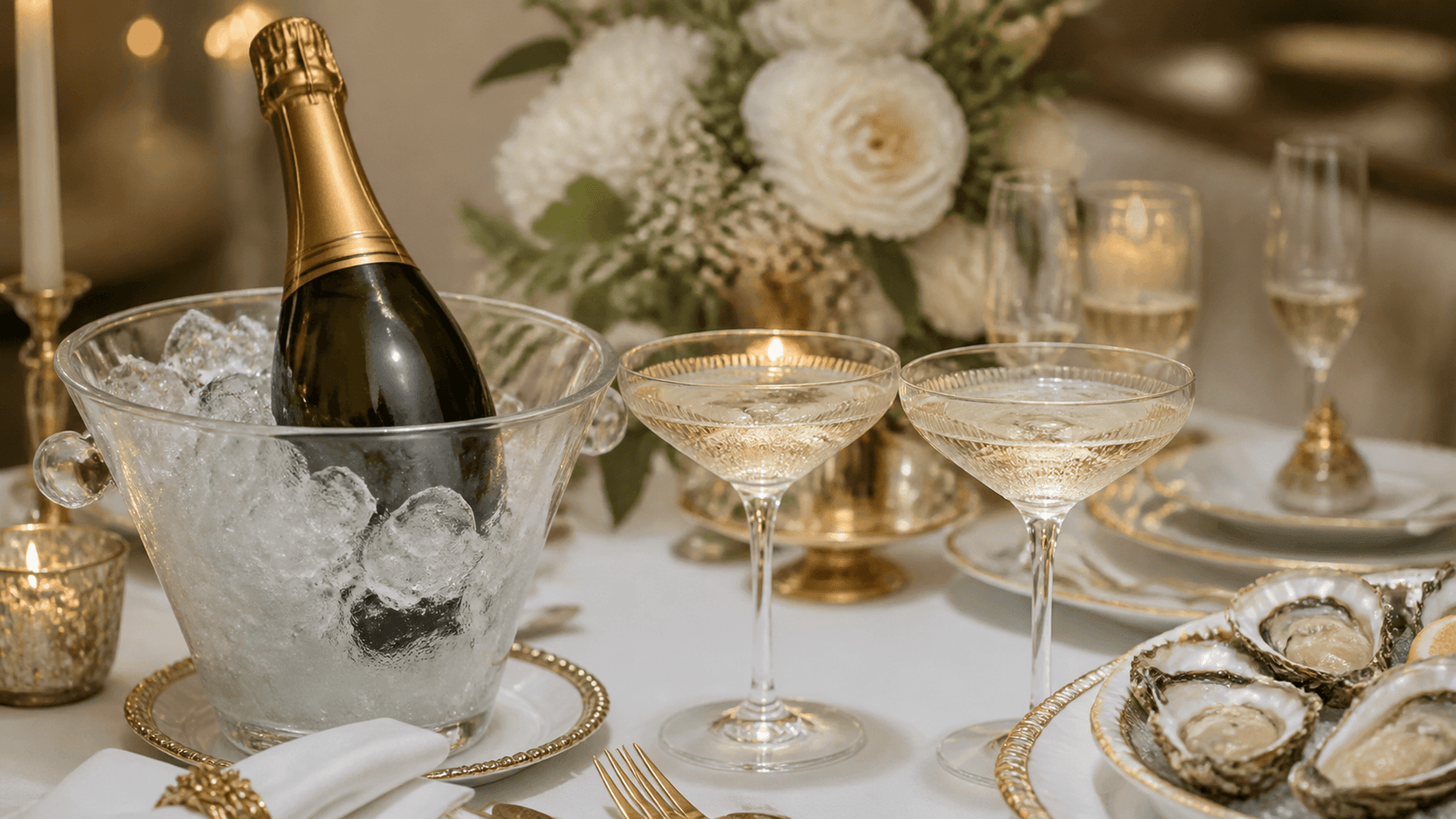 Champagne bottle in ice with coupe glasses and oysters on an elegant dining table