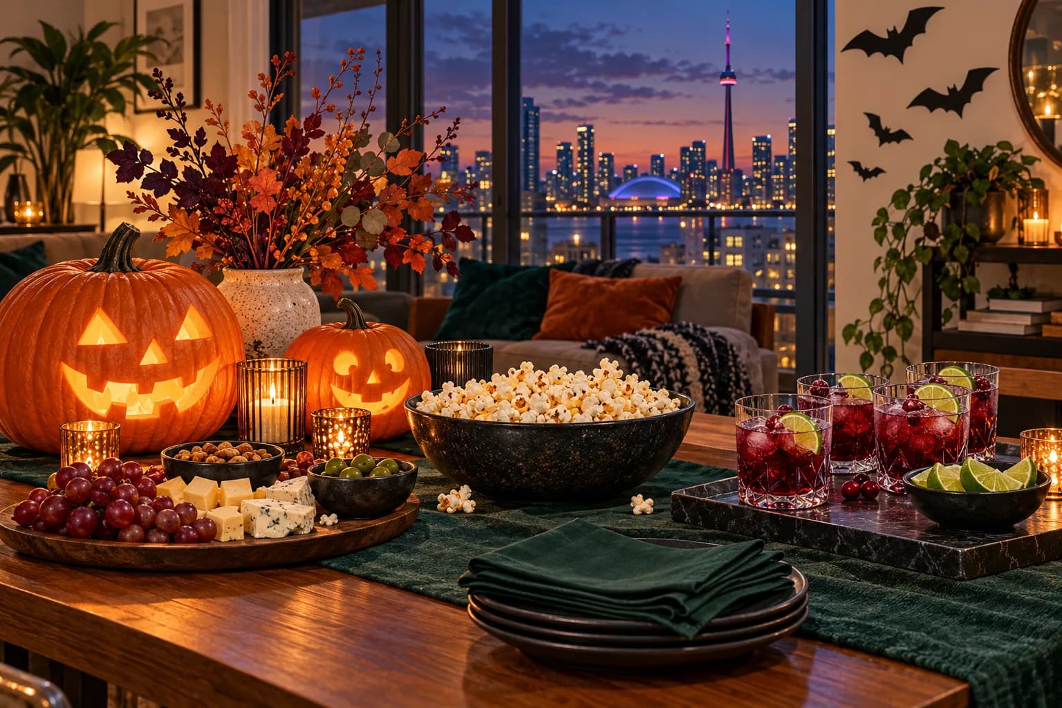 Illustration of a Toronto Halloween table with pumpkins, cranberry drinks and snacks