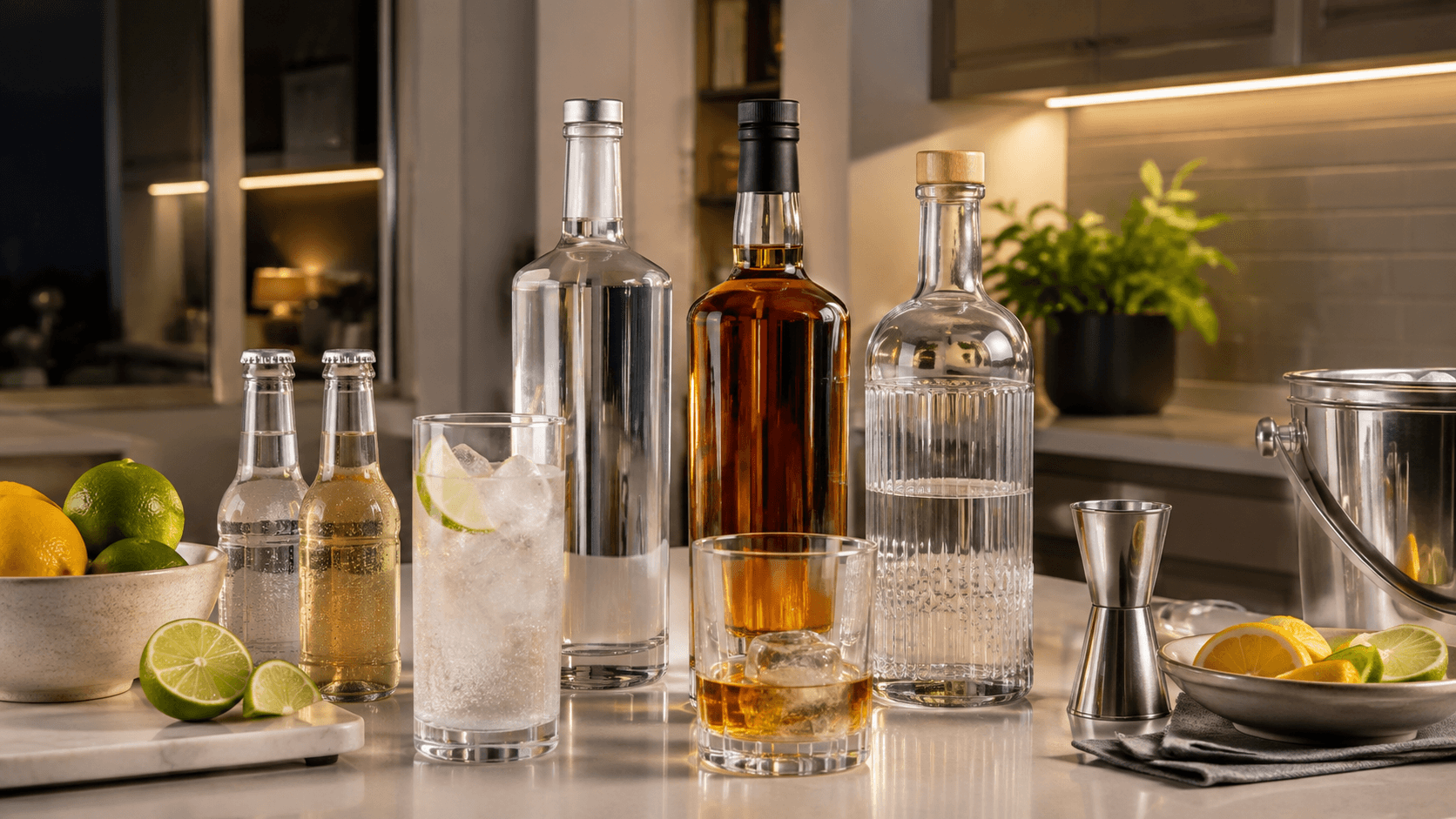Unbranded spirit bottles with mixers, citrus, ice and a jigger on a kitchen counter