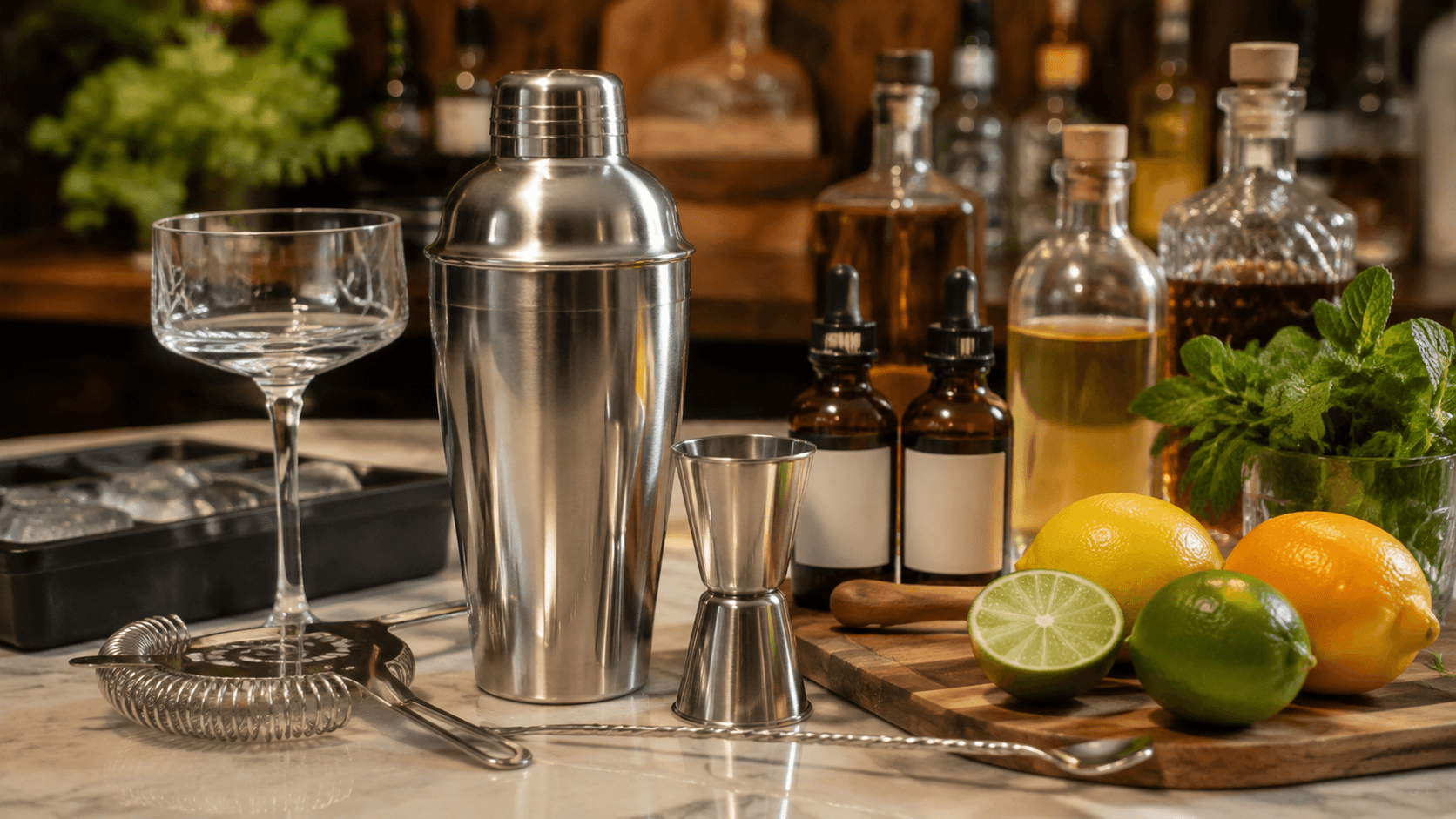 Cocktail shaker, jigger, strainer and bar spoon beside bitters, citrus and ice