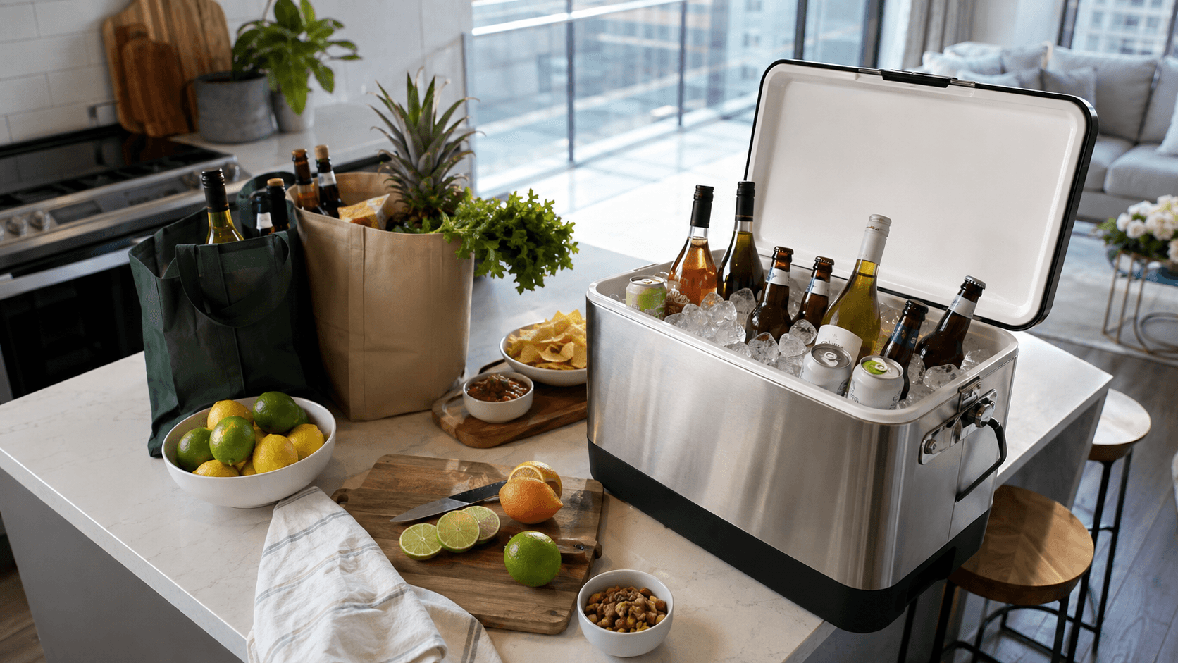 Cooler packed with beer, wine and seltzers on a kitchen island before a long weekend gathering