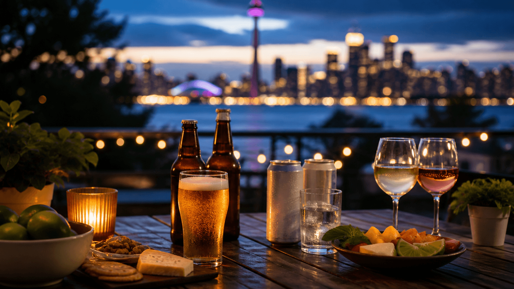 Beer, wine and seltzers on a patio table with the Toronto skyline at dusk