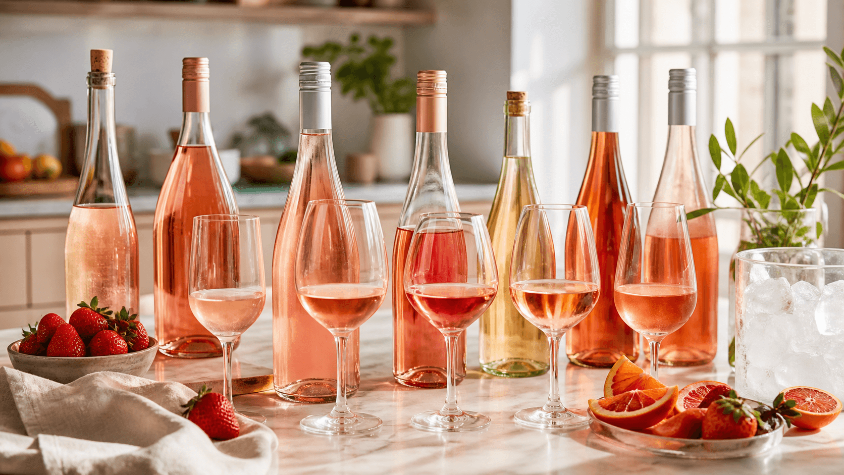 Several rose wine bottles and glasses showing different pink styles on a kitchen table