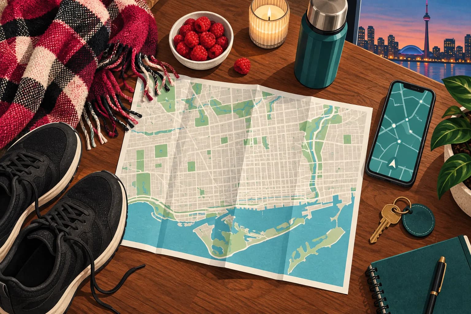 Illustrated art-night essentials with a map, scarf, walking shoes, phone, thermos and keys