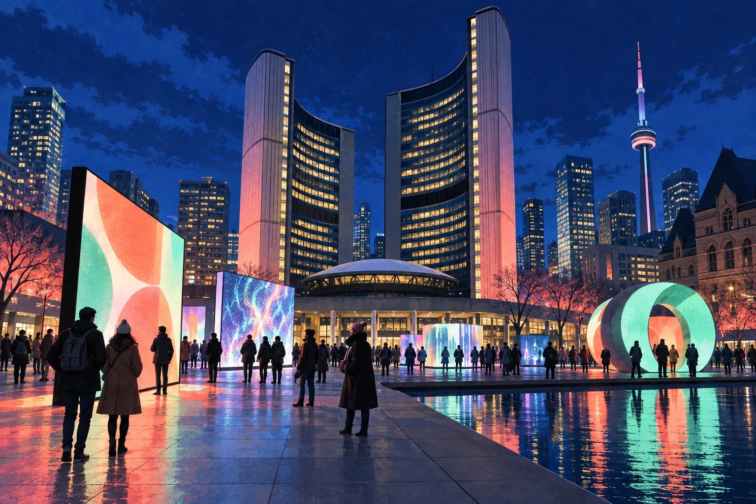 Interpretive illustration of Toronto City Hall at night with colourful light art and pedestrians
