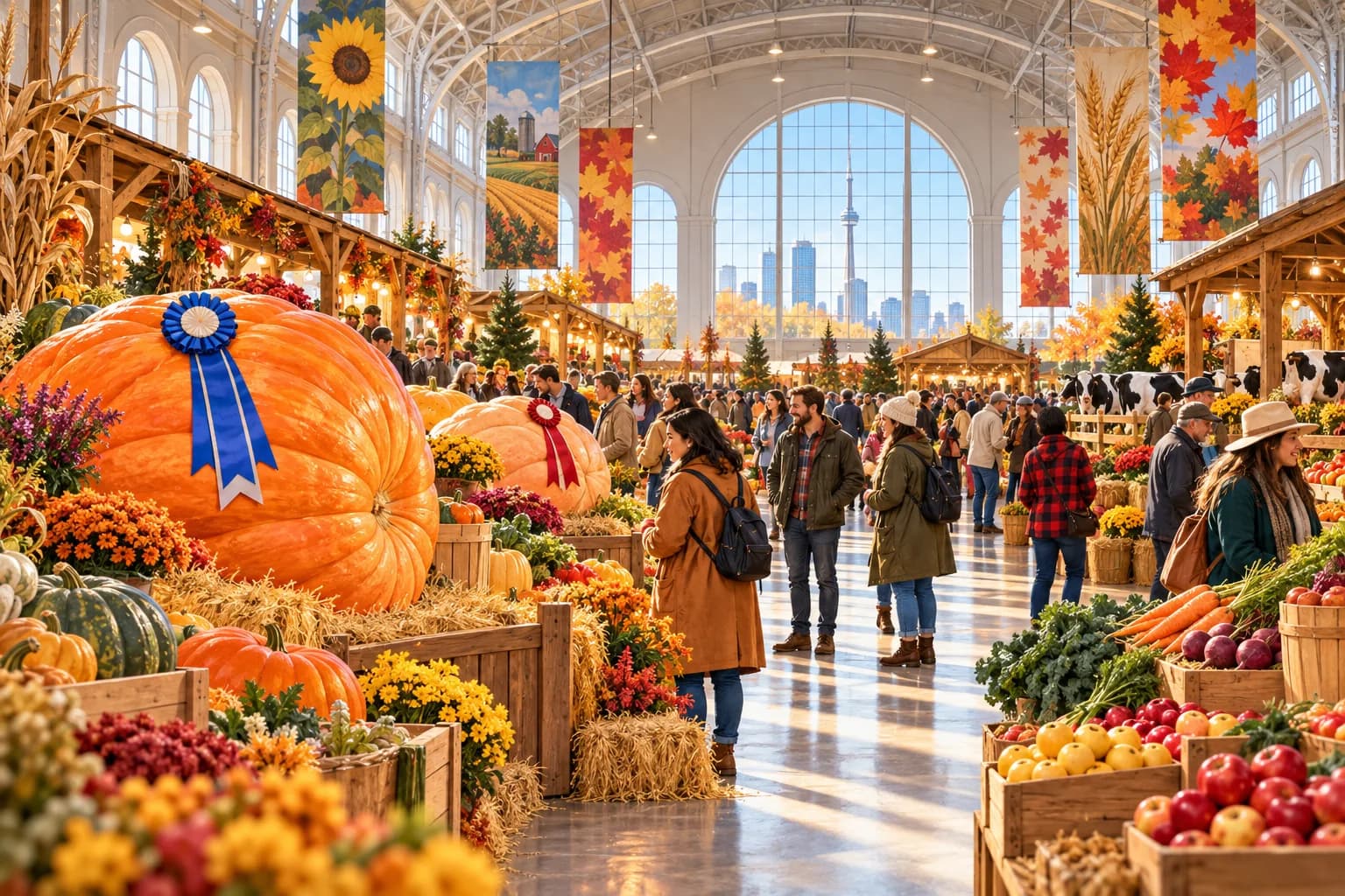 Original illustration of an indoor agricultural fair with produce displays and visitors