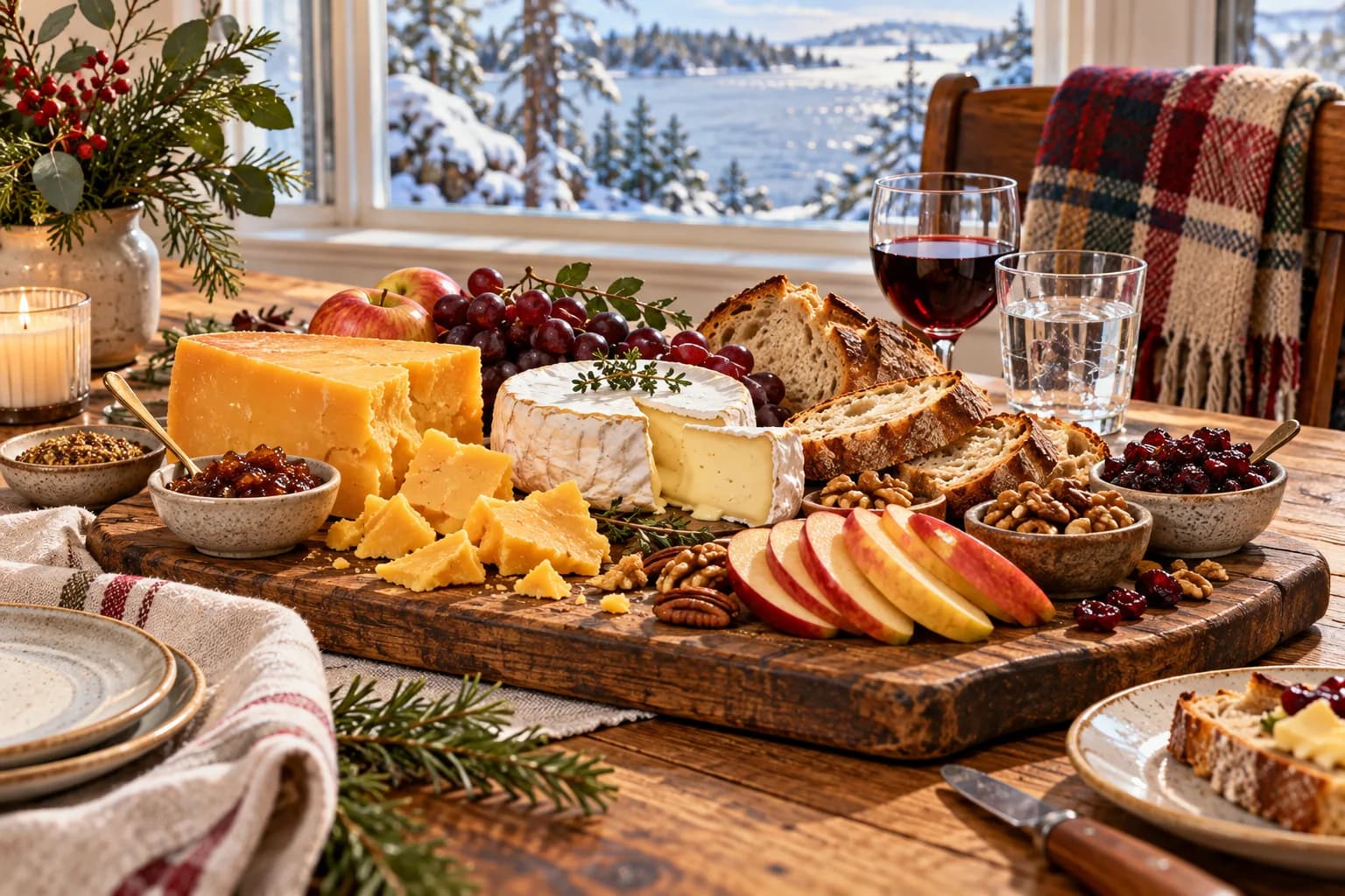 Illustrated cheese board with apples, bread, preserves, a small wine glass and water