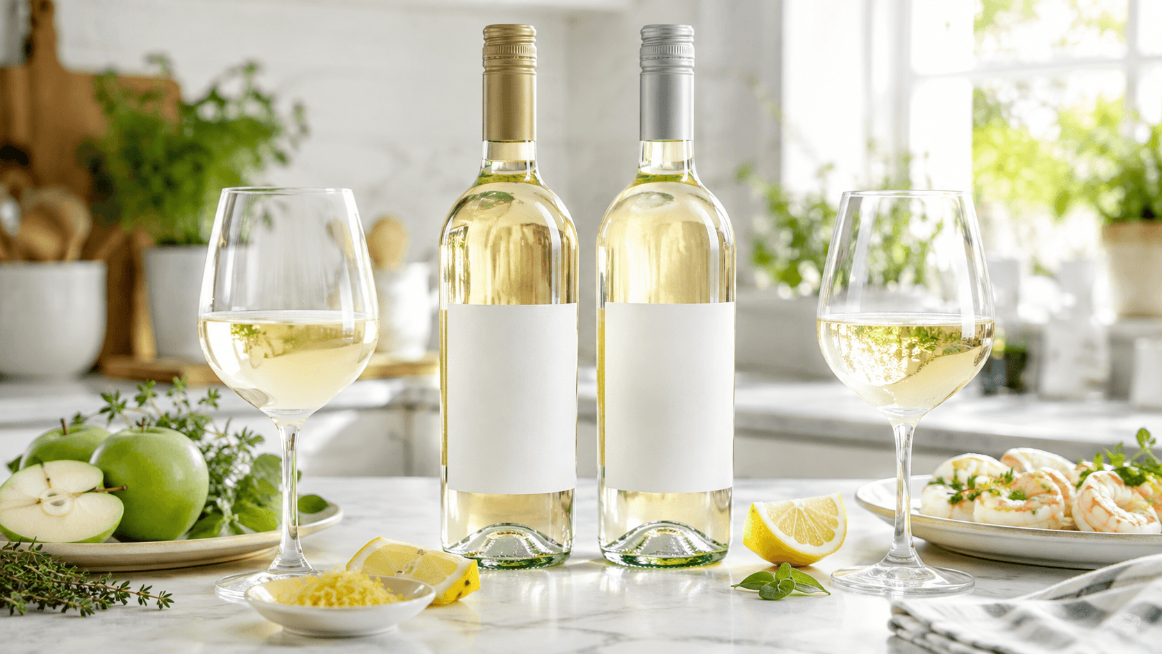 Two white wine bottles and glasses with green apple, lemon and seafood on a bright counter
