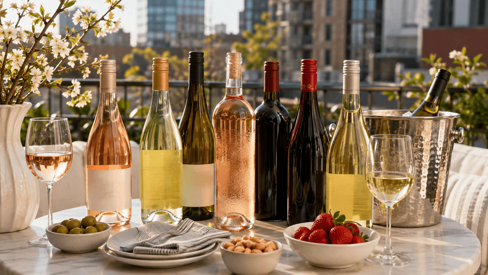 Mixed spring wines on an urban patio table with blossoms and a city backdrop