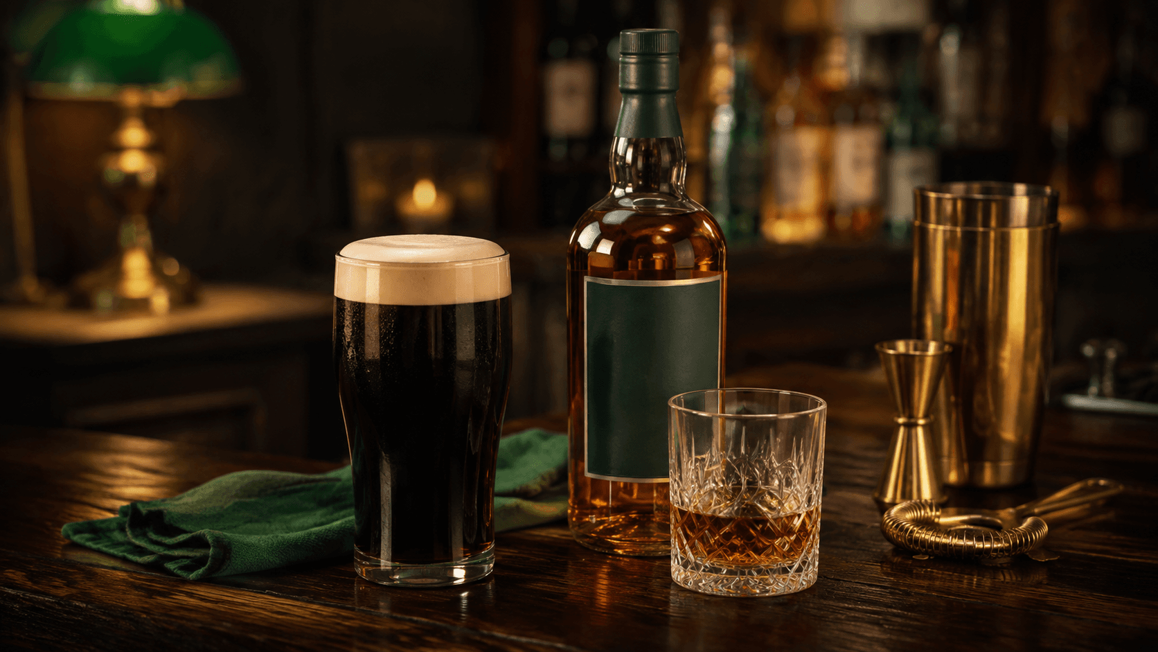 Irish whiskey, stout and bar tools on a dark wood home bar