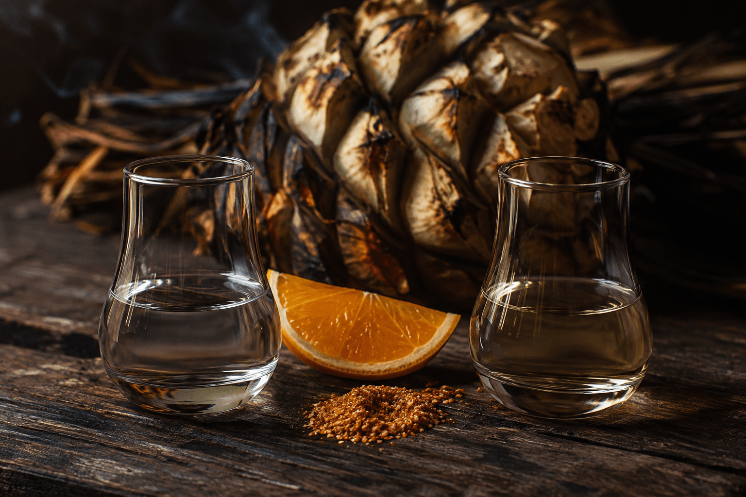 Tequila and mezcal served side by side with orange slices and chili salt on dark wood
