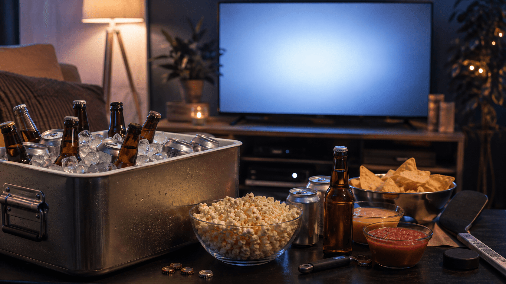 Cooler of beer and snacks set up for a home hockey night in Brampton