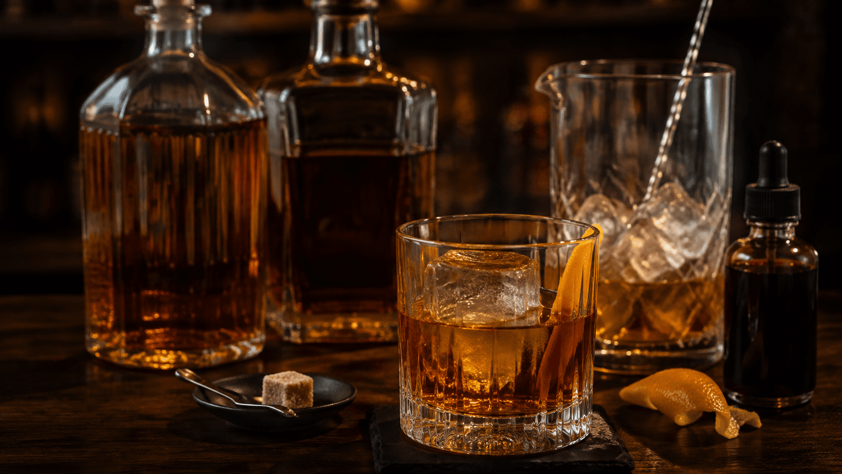 Old Fashioned cocktail with whisky bottles, sugar cube, bitters and orange peel