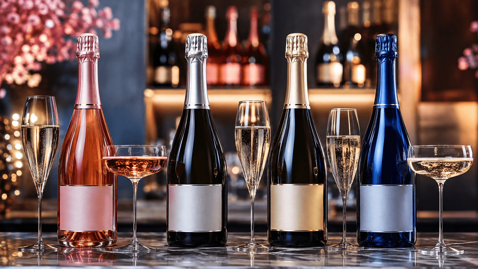 Sparkling wine lineup with rose, gold and blue bottles and glasses on a bar counter