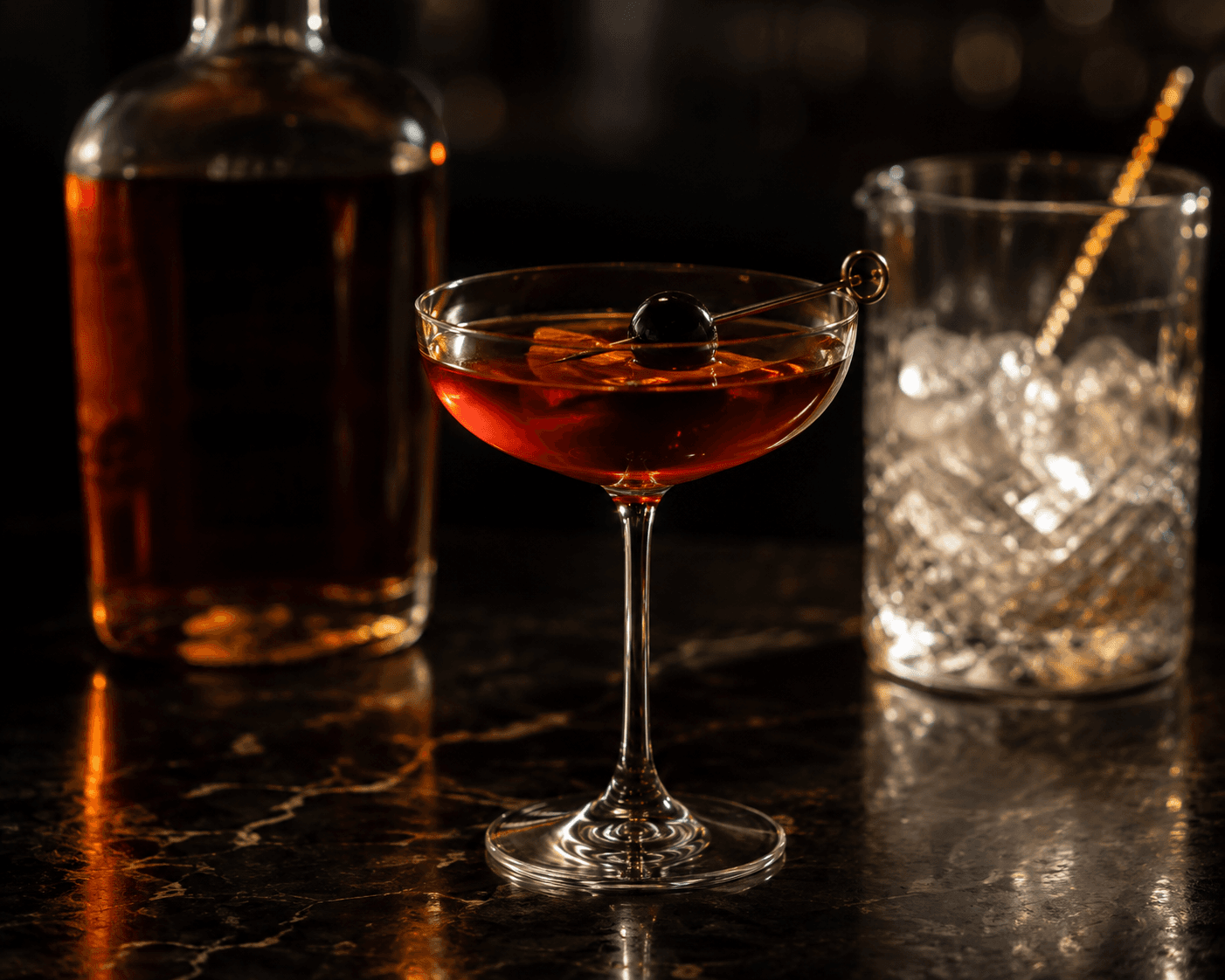 The perfect Manhattan cocktail in a coupe glass with a Luxardo cherry