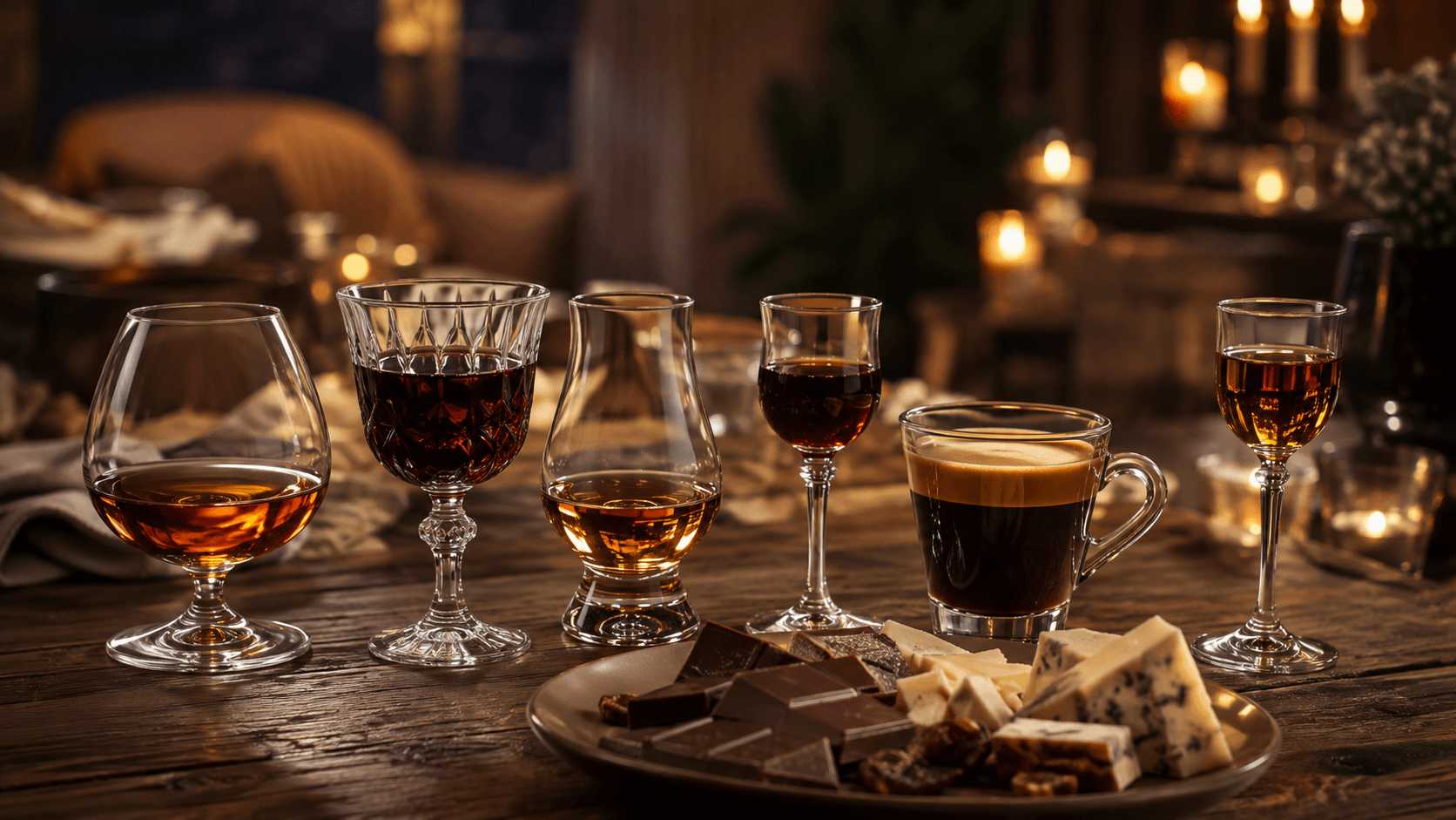 After-dinner drink tasting spread with cognac, port, whisky, amaro, espresso and dessert wine