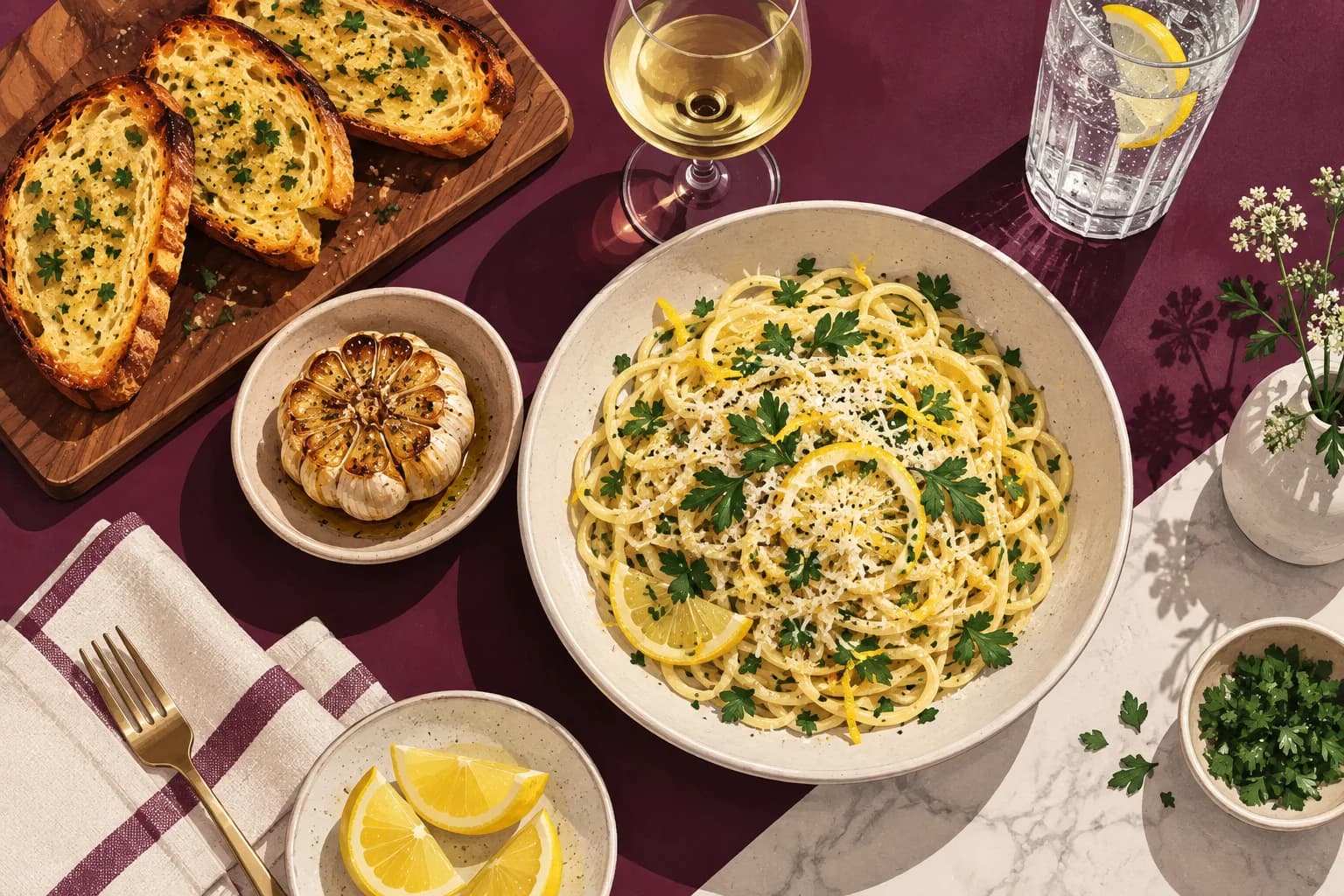 Illustrated garlic supper with roast garlic, lemon pasta, bread, white wine and water