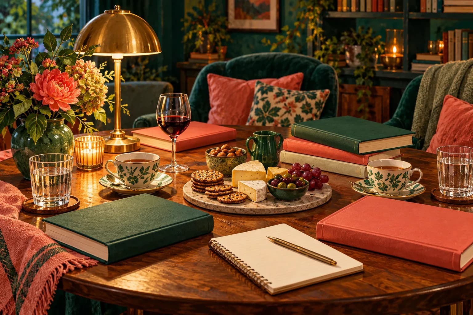 Illustrated book-club table with books, tea, crackers, a small wine glass and water