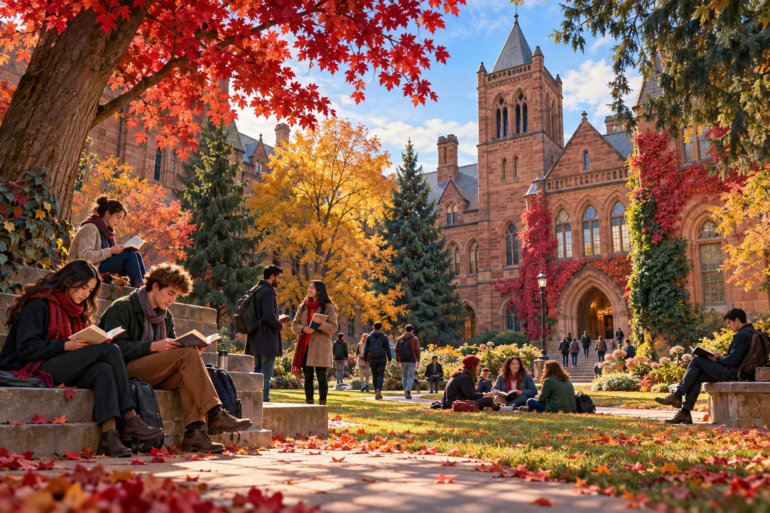 Original illustration of readers outside red sandstone university buildings in autumn