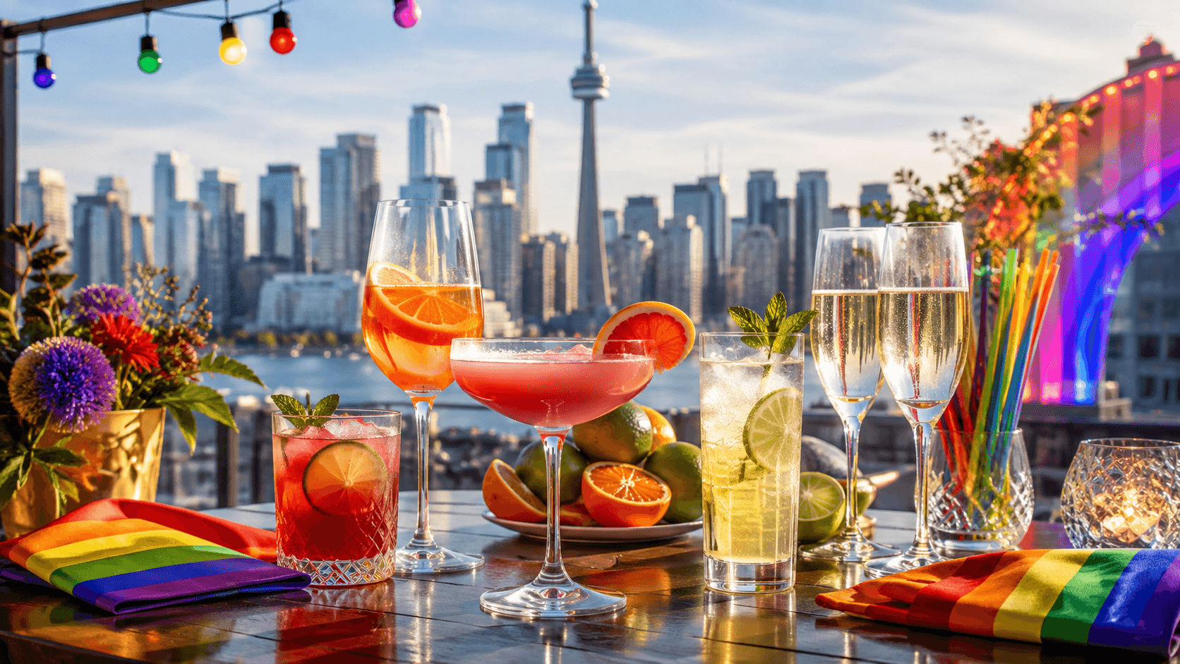 Colorful cocktails and sparkling wine on a Toronto rooftop table with Pride accents