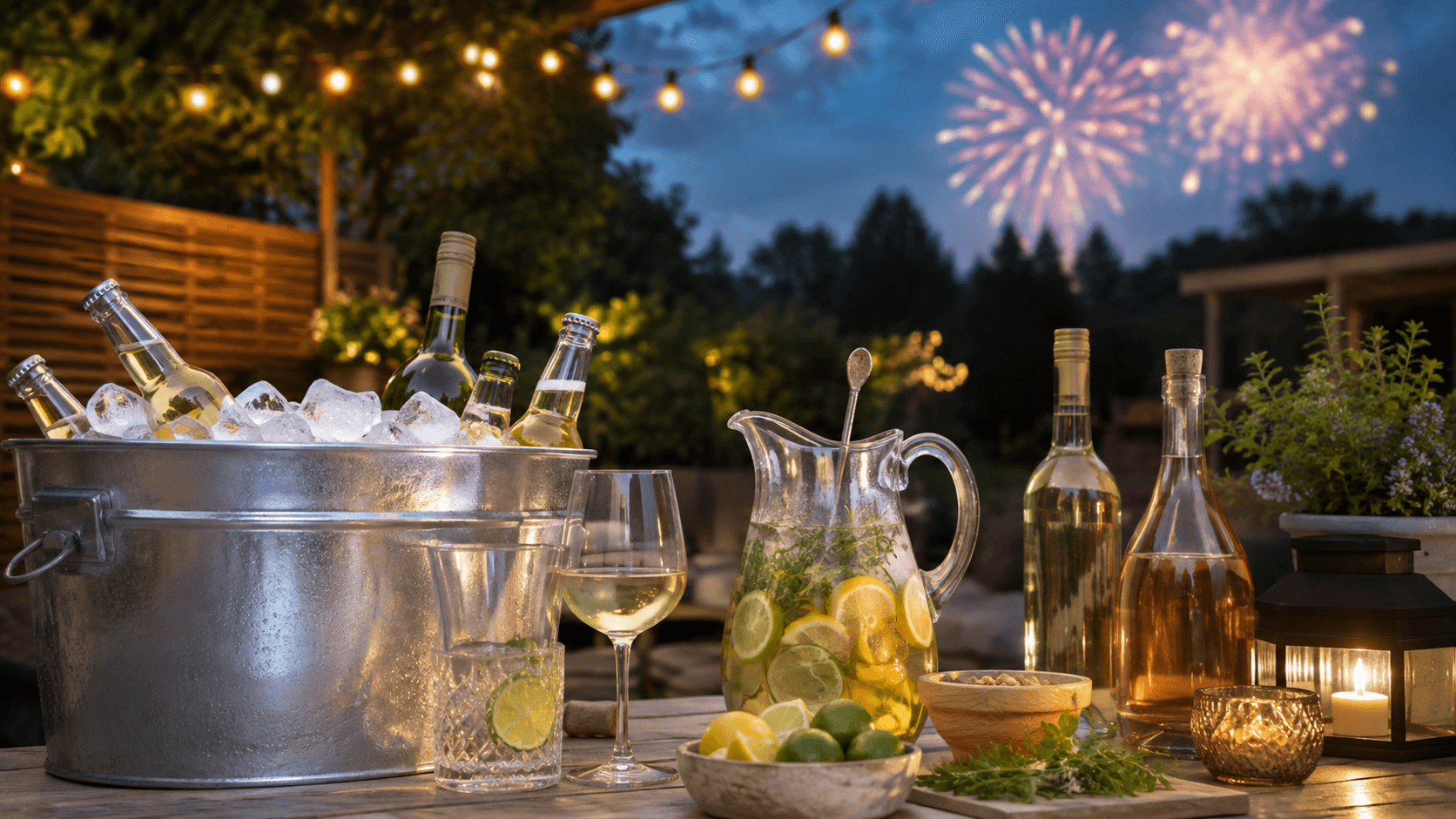 Cooler, wine and cocktail pitcher on a backyard table with fireworks in the distance