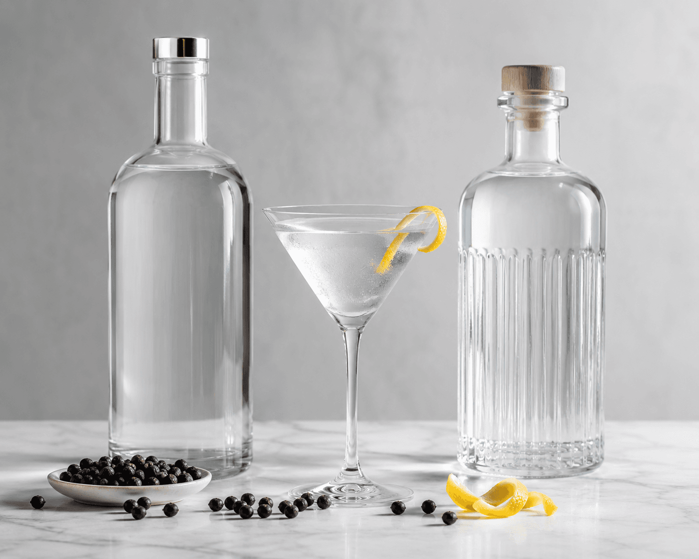 Vodka and gin bottles side by side with a martini glass