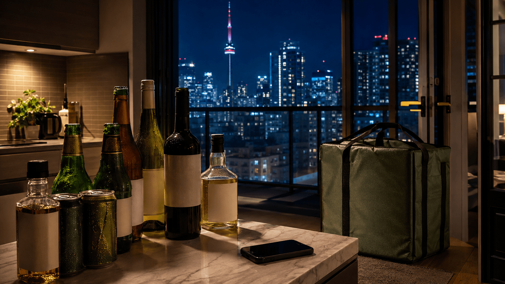 Late-night Toronto apartment counter with alcohol delivery tote and skyline view