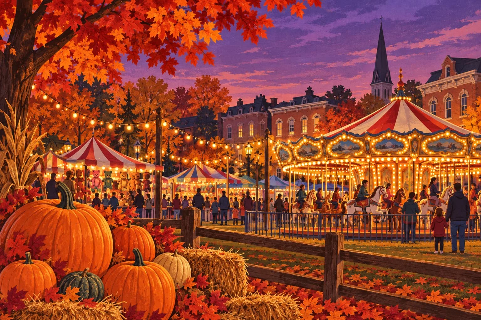 Editorial illustration of an autumn fair with a carousel, pumpkins and a heritage neighbourhood backdrop