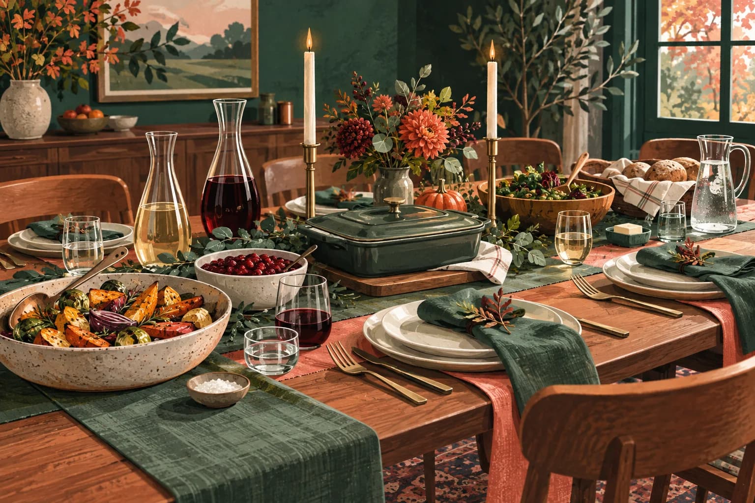 Illustrated Thanksgiving table set with roast vegetables, cranberry sauce, a casserole, wine and water
