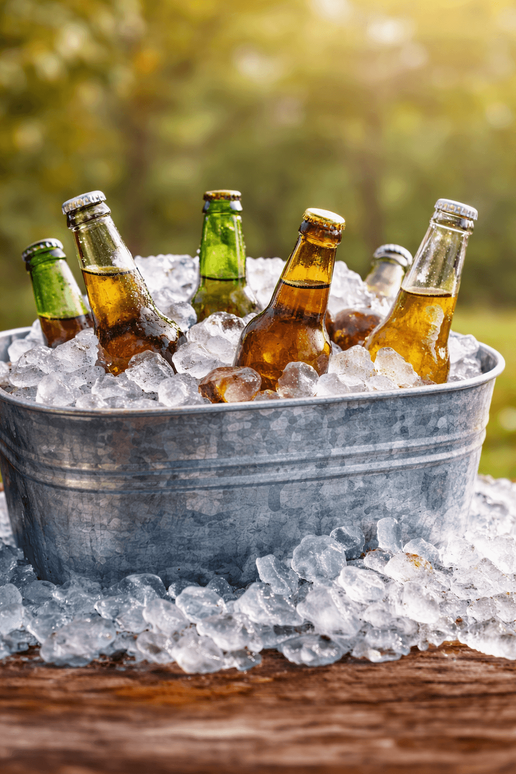 Beer bottles chilling in a metal ice bucket