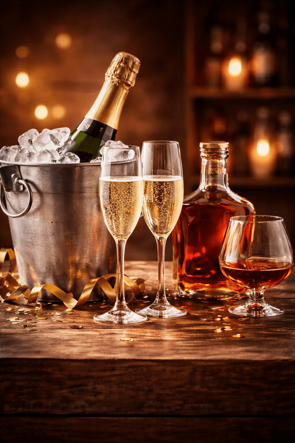 Champagne flutes and cognac on a bar