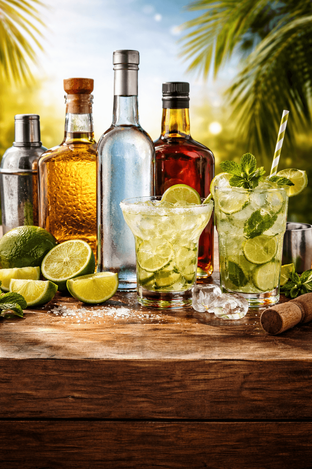 Vodka, tequila, and rum bottles with limes on a wooden table