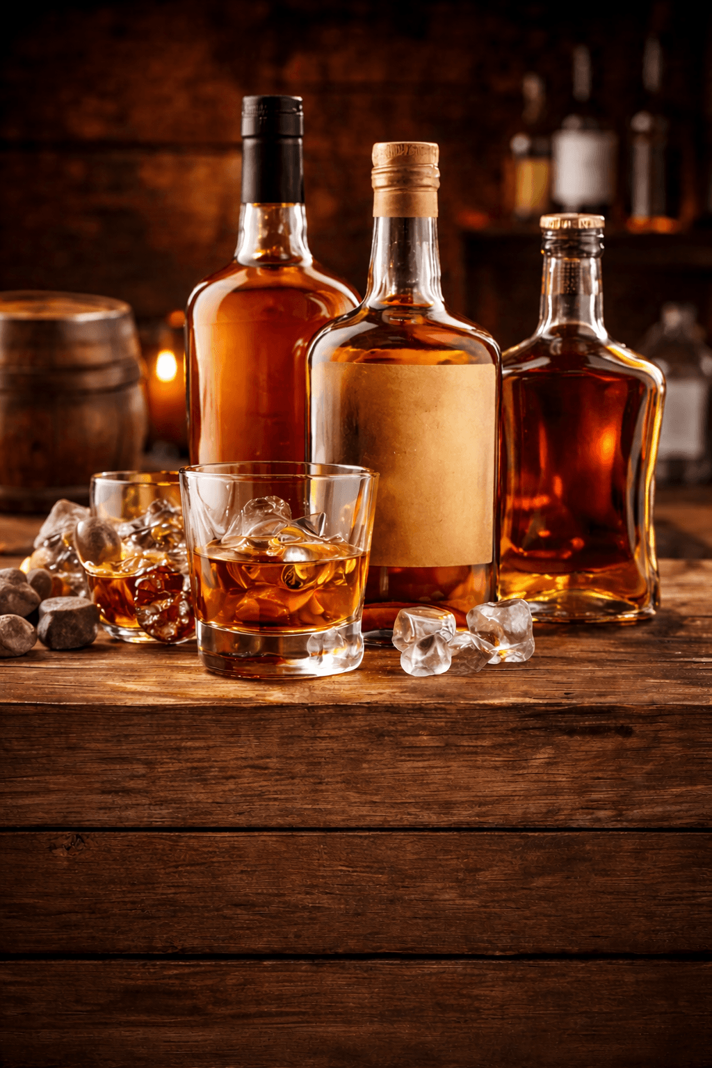 Whiskey bottles on a rustic bar with ice and a glass
